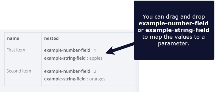 "Screenshot of a table in the INPUT panel. It includes a top level field named "nested." This field contains nested data, which is indicated in bold."